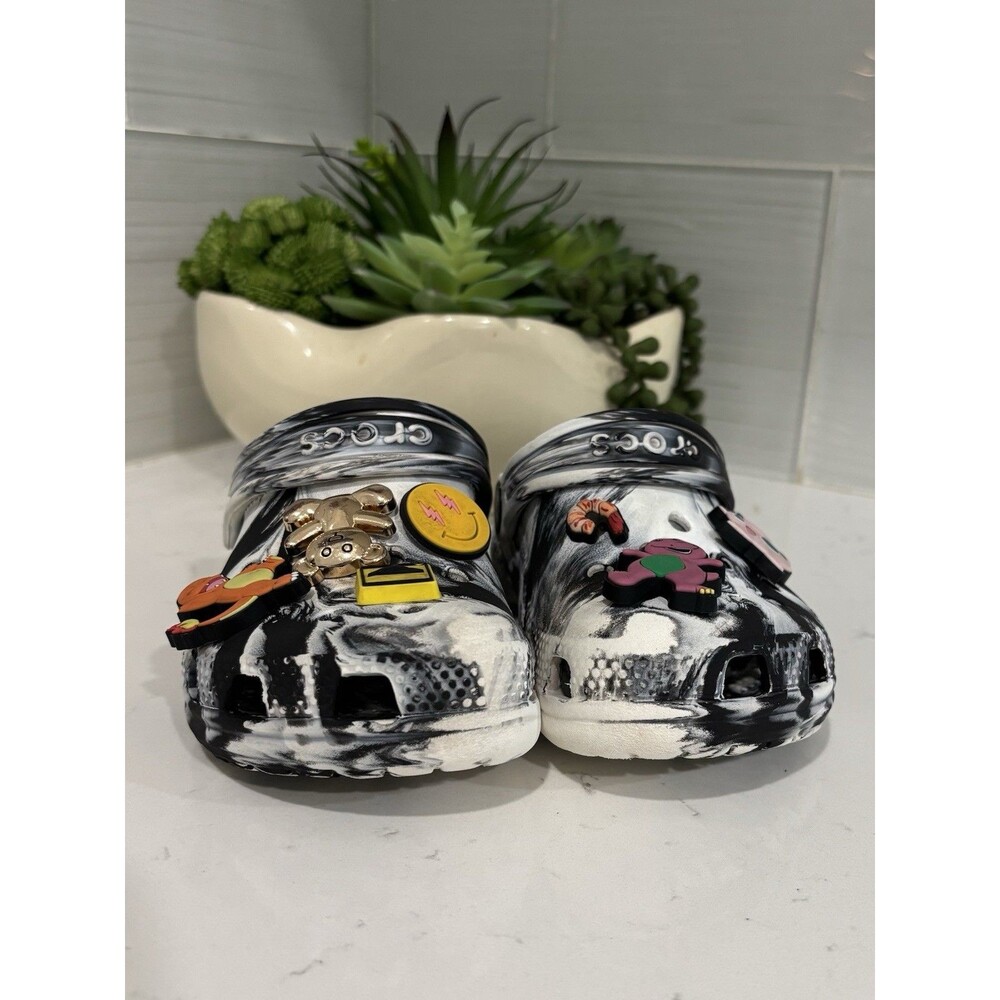Crocs Kids Classic Marbled Clogs Size C10 Black White With Charms Pokémon Barney - Picture 3 of 7